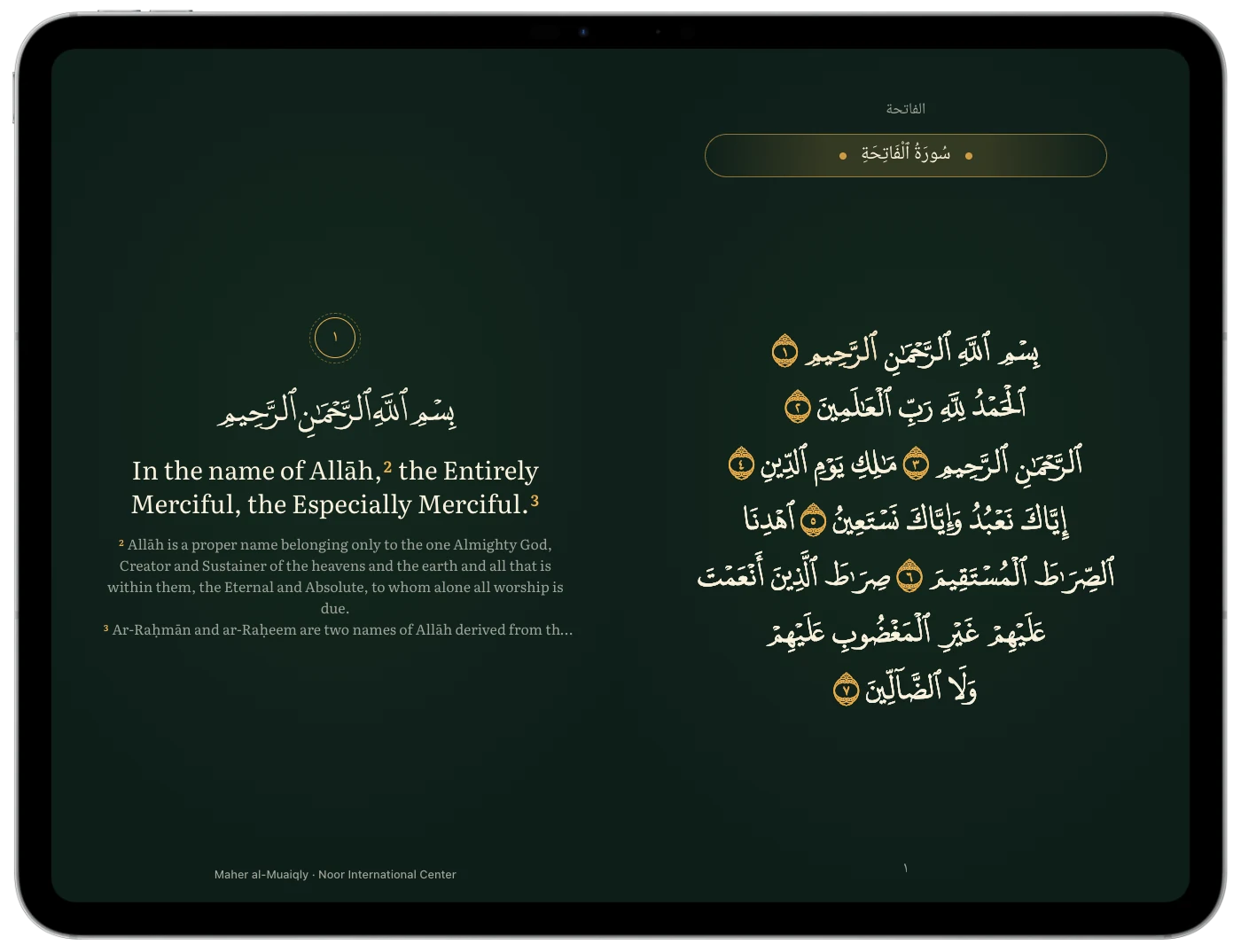 iPad: the recited ayah with its meaning on the left, the page on the right.
